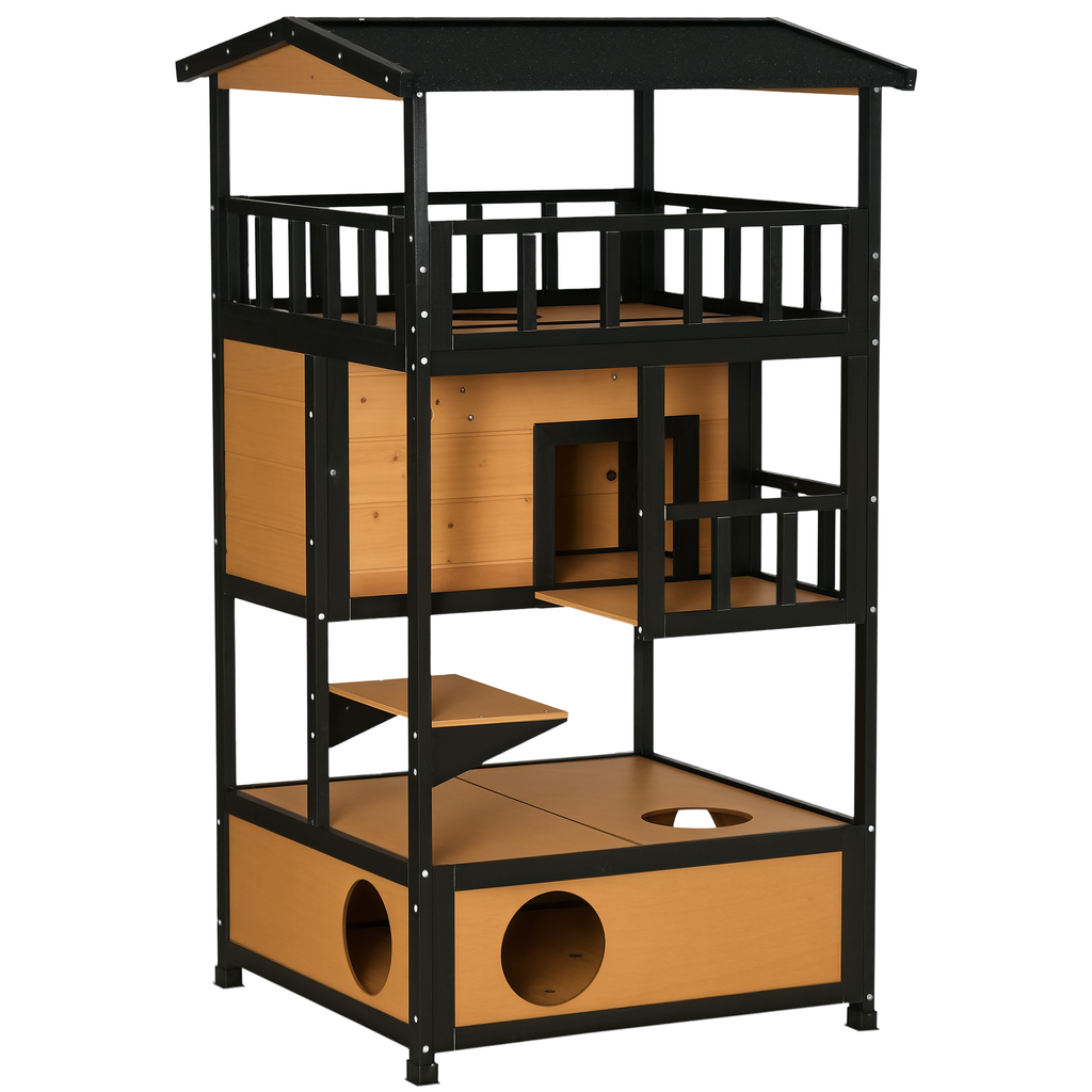 Wooden Outdoor Cat House, Feral Cat Shelter Kitten Condo with Asphalt Roof, Escape Doors, Condo, Jumping Platform, Yellow