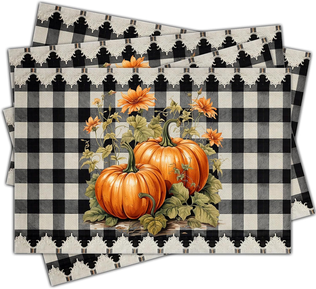 Halloween Pumpkin Placemats Set of 4, 12x18 Inch Pumpkin Plaid Table Mats, Washable Heat Resistant Place Mats for Kitchen Dining Table, Halloween Themed Decoration for Home-B07