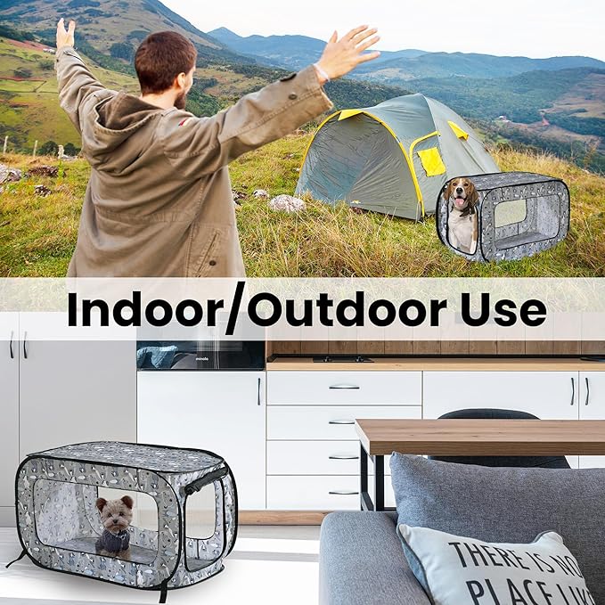 Beatrice Home Fashions Portable, Collapsible, Pop Up Kennel Travel Cat and Dog Crate, 36" L x 22" W x 22" H, Tail Waggers