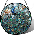 Stained Glass Window Hanging, Blue Peacock Decoration Suncatcher for Door Garden Home Flower Bird Sun Catchers Christmas Mother's Day Birthday Gifts for Women Men Mom Nana Friend 14.9 in