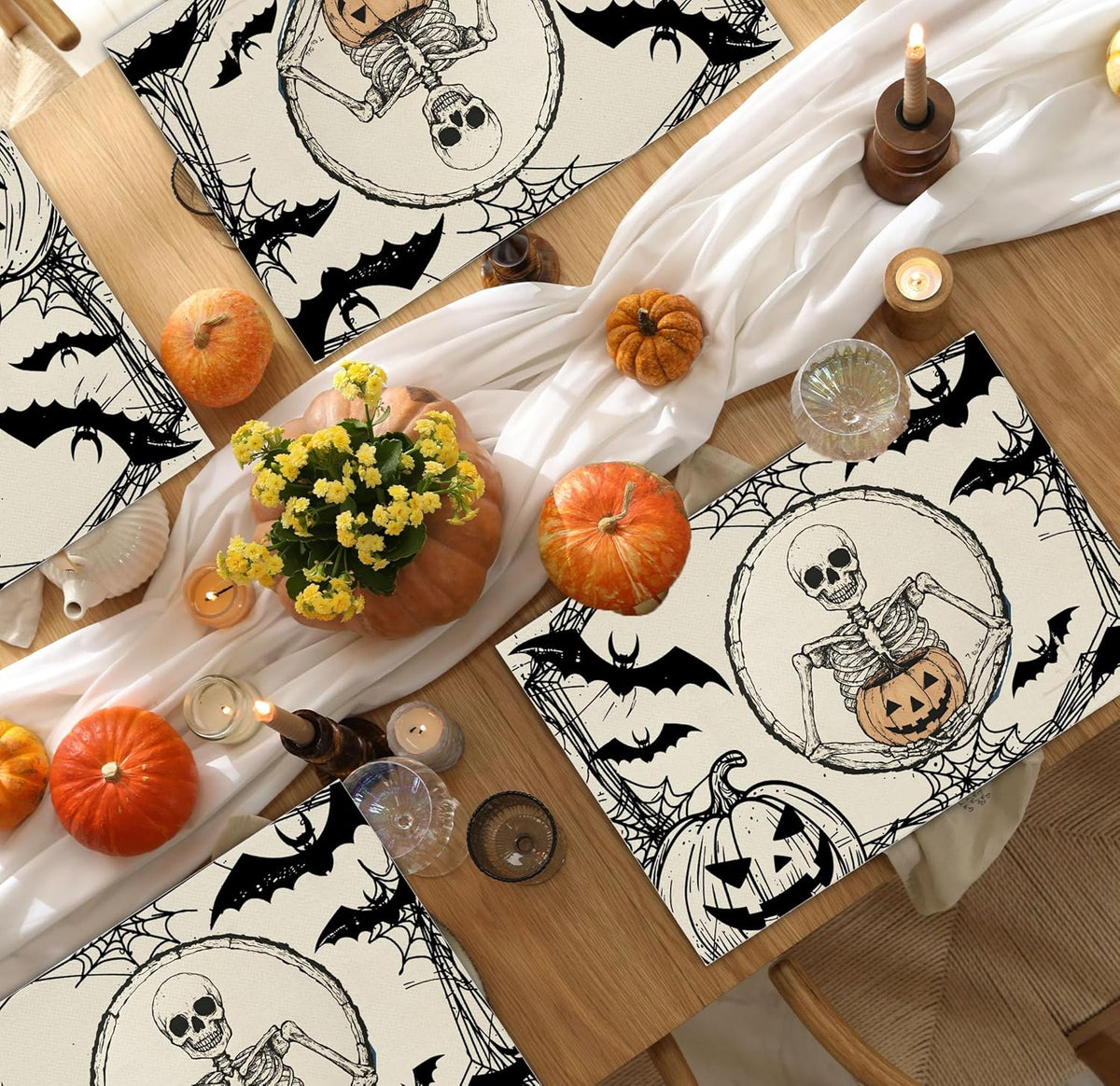 Halloween Skeleton Placemats Set of 4, 12x18 Inch Pumpkin Bats Table Mats, Washable Heat Resistant Place Mats for Kitchen Dining Table, Spooky Themed Decoration for Home-B11