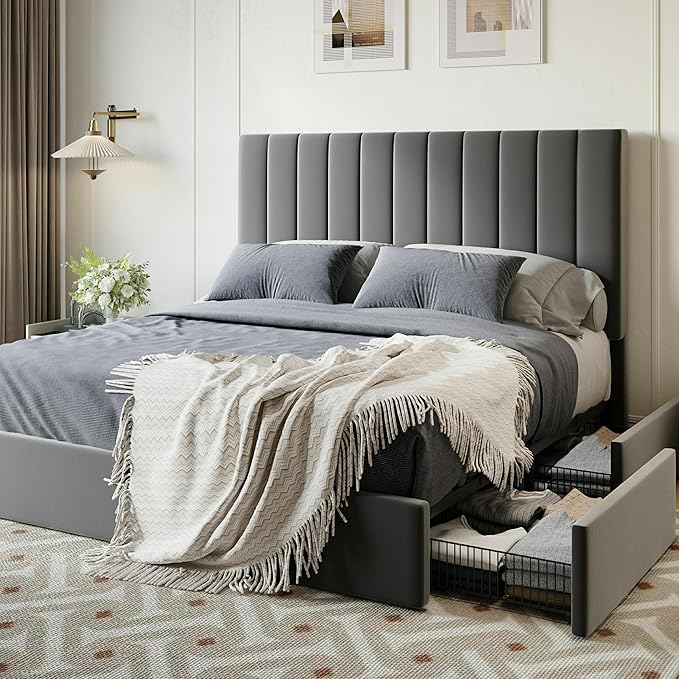 SHA CERLIN Full Size Platform Bed Frame with 4 Storage Drawers, Vertical Channel Tufted Adjustable Headboard, Velvet Upholstered, Wooden Slats Support, No Box Spring Needed, Easy Assembly, Grey