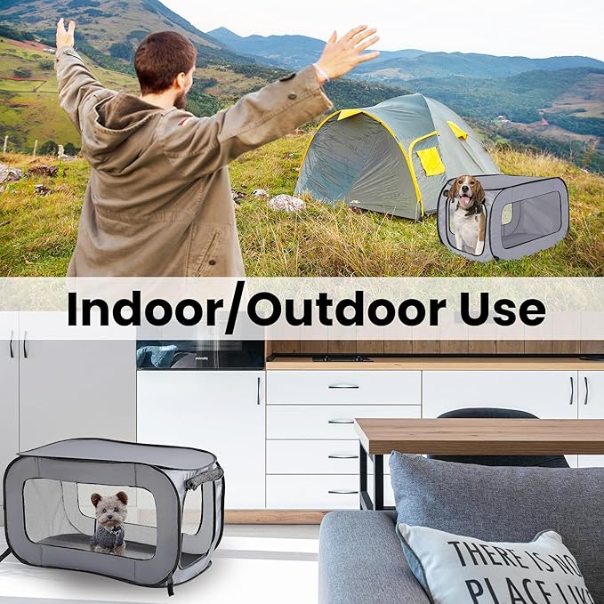 Beatrice Home Fashions Portable, Collapsible, Pop Up Kennel Travel Cat and Dog Crate, 36" L x 22" W x 22" H, Gray