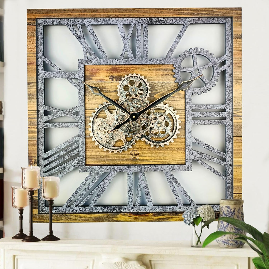 The Gears Clock 24'' Inch Square Real Moving Gear Wall Clock Vintage Industrial Oversized Rustic Farmhouse (Wood and Stone)