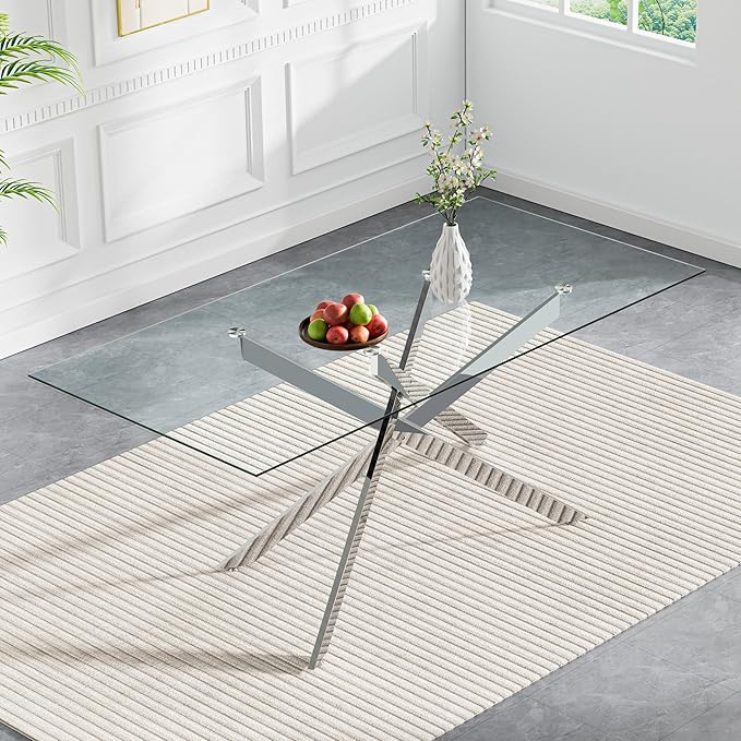 60" Rectangular Glass Dining Table Modern Kitchen Glass Top Table for 6 with Silver Metal Legs, Clear Dining Table Kitchen Table for Home Office Dining Room