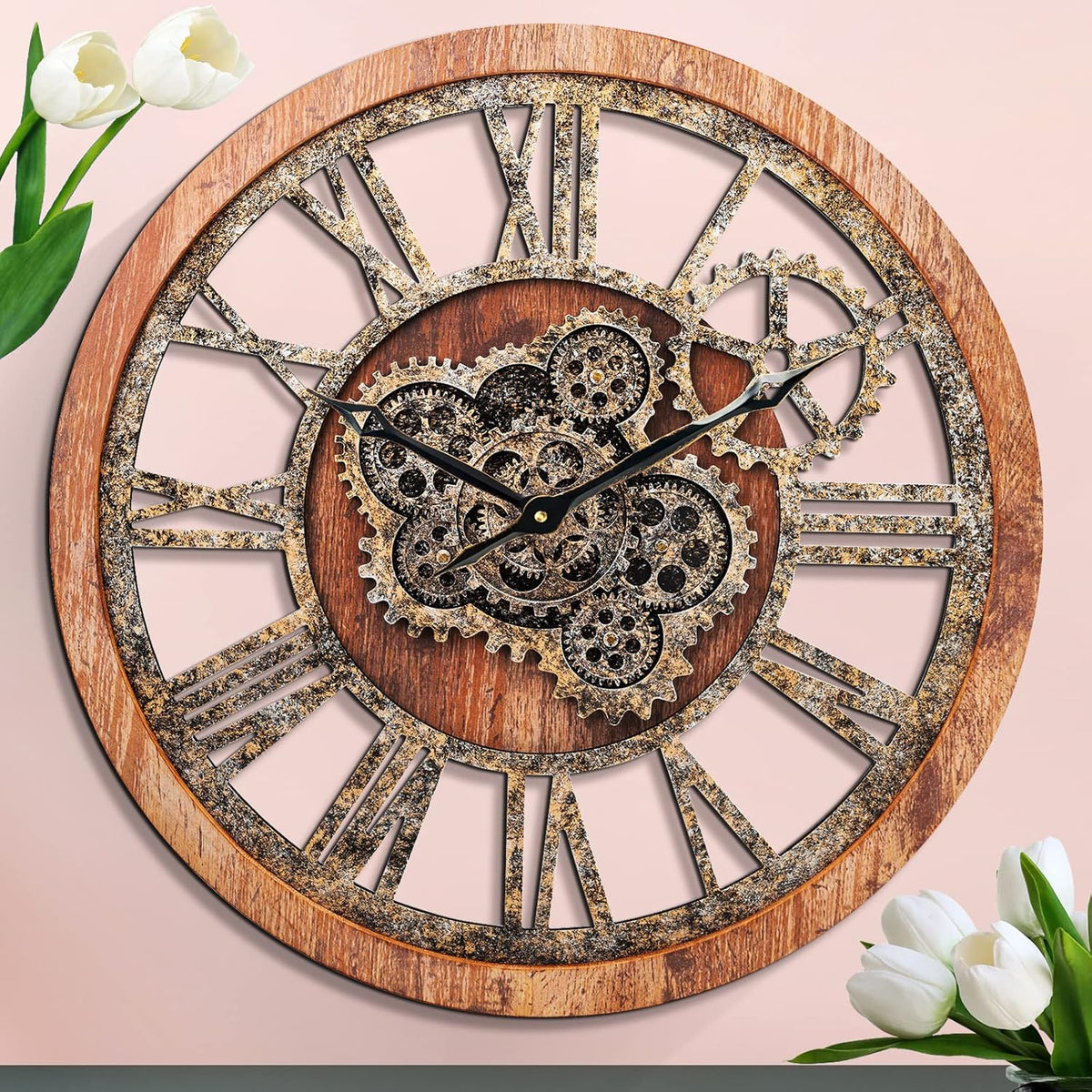 HOIBAI Large Wall Clock 24 Inch Large Clocks for Living Room Decor with Moving Gears Vintage Industrial Steampunk Farmhouse Big Clock for Home Kitchen Bedroom Office