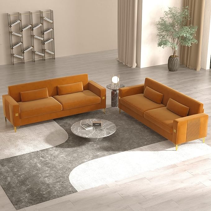 2PCS 85.63" Orange Velvet Sofa,Modern Loveseat Couch with Pillows Set of 2 for Living Room,Bedroom,Apartment Furniture with Gold Metal Legs