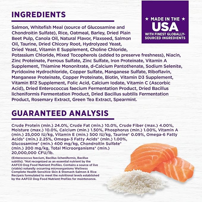 Wellness Complete Health Sensitive Skin & Stomach Dry Dog Food, Wholesome Grains, Natural, Salmon & Rice Recipe, (5-Pound Bag)