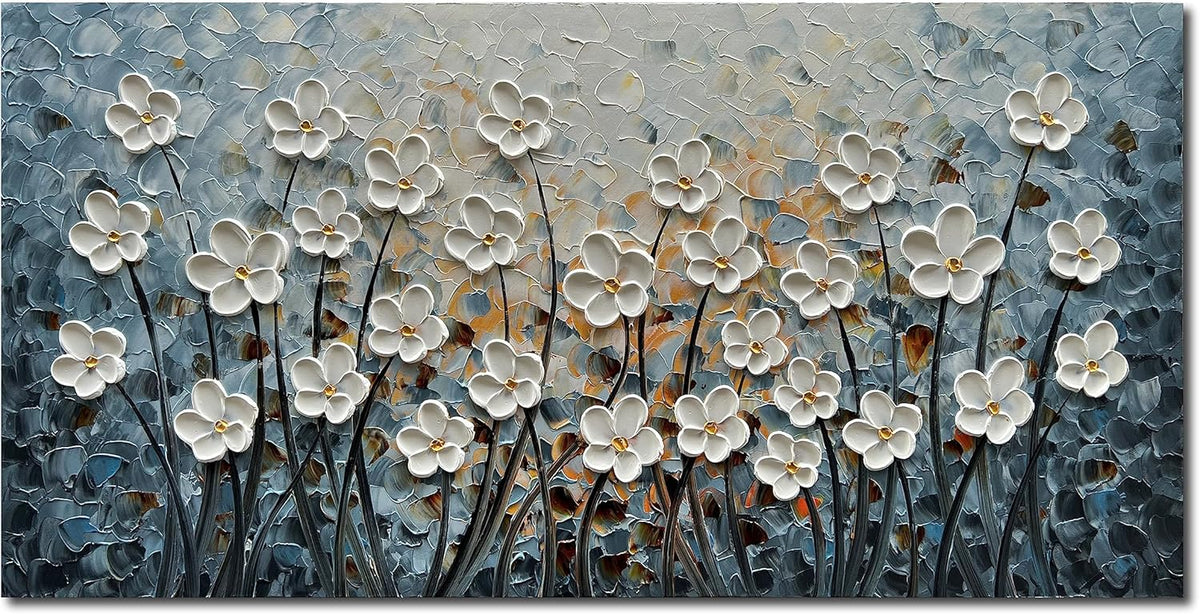 White Flower Canvas Wall Art Painting Hand-Painted Contemporary Art Works Living Room, Bedroom, Dining Room Wall Decoration 24x48 Inch