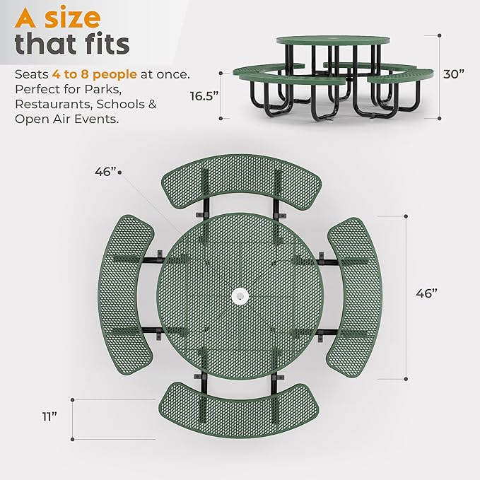 Metal Picnic Tables for Outdoors with Umbrella Hole - Coated Steel Heavy Duty Commercial Grade Furniture Set with Adjustable Seats (Green, 46 in, Round, Expanded Steel)