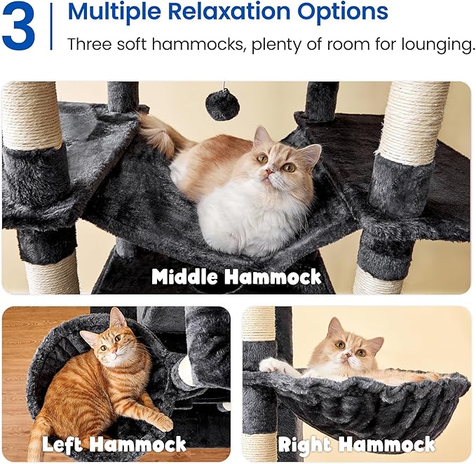 MWPO Extra Large Cat Tree, 77.6-Inch Tall Cat Tower for Indoor Cats with 2 Condos, Multi-Level Cat Stand for Large Cats, 3 Hammocks, Wide Perch, Scratching Posts, Dangling Toys, Smoky Grey