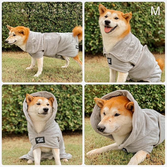 Tuff Pupper Fast Drying Dog Bath Robe | 800 GSM Plush Dog Towel Bathrobe/Dressing Gown | Super Absorbent Pet/Puppy Bathrobe | Adjustable Hood & Belly Strap | Super Soft | Fast Drying (M, Gray)