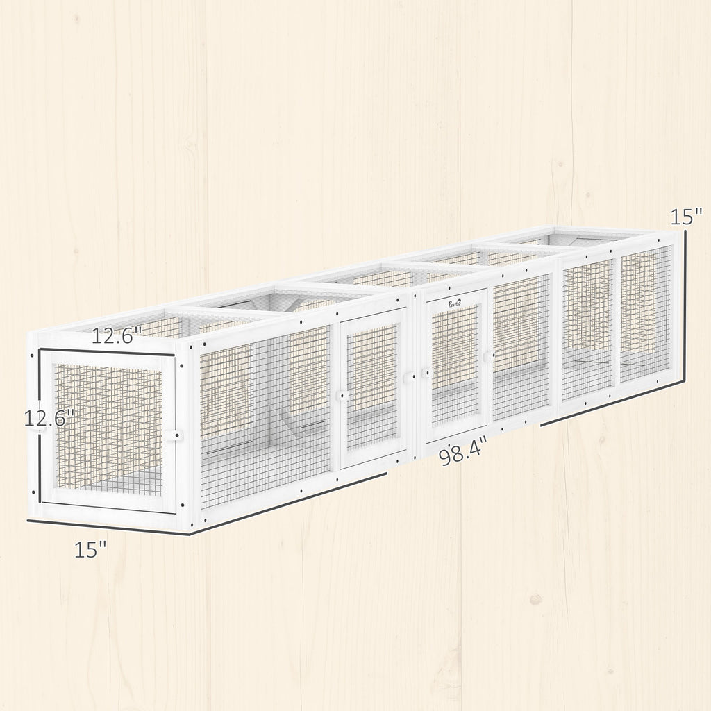 Wooden 98" Cat Tunnel for Outdoor with Combinable Design, 8 Doors, White