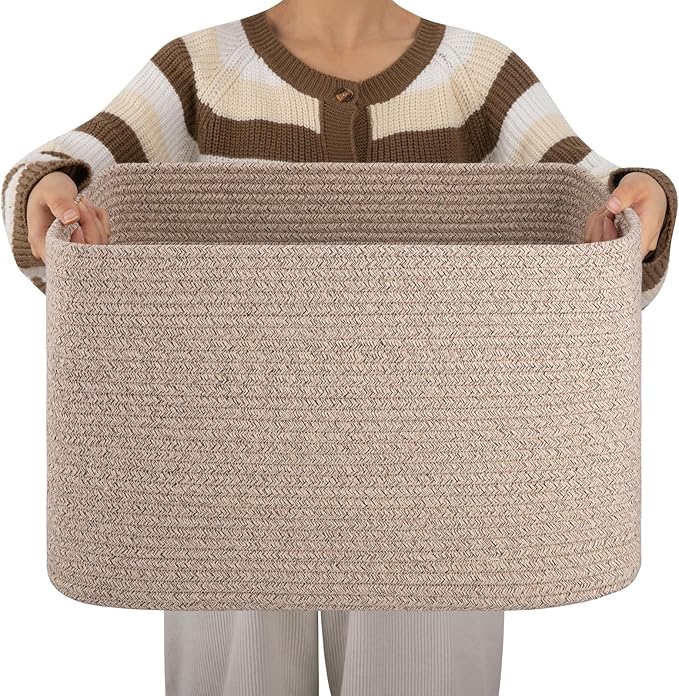 OIAHOMY Cotton Rope Basket, Rectangle Woven Nursery Blanket Basket, Toy Storage Basket with Handle, Baskets for Organizing, 18”x14”x12”, Brown variegated