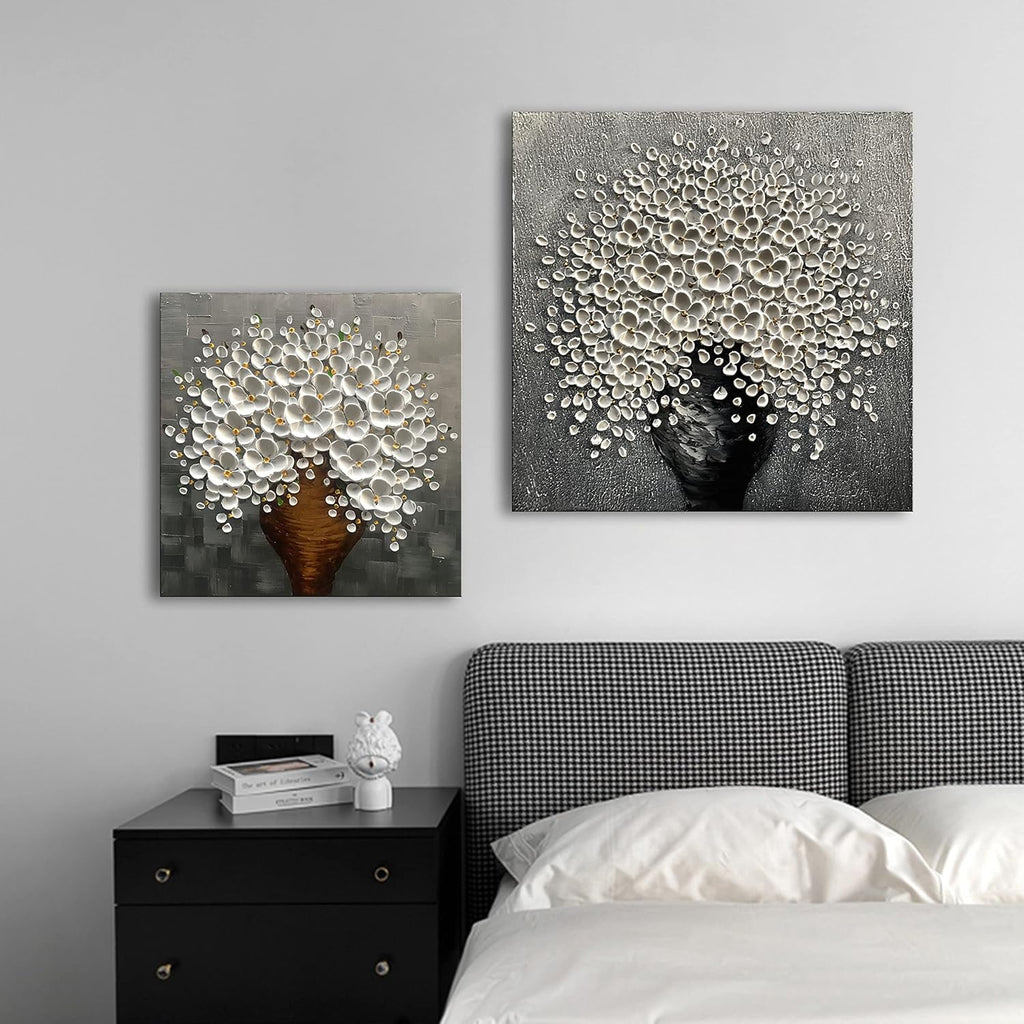 Canvas Wall Art Grey and white flower painting, 30x30 inchs modern flower tray knife painting, bedroom kitchen dining room living room office home wall decoration