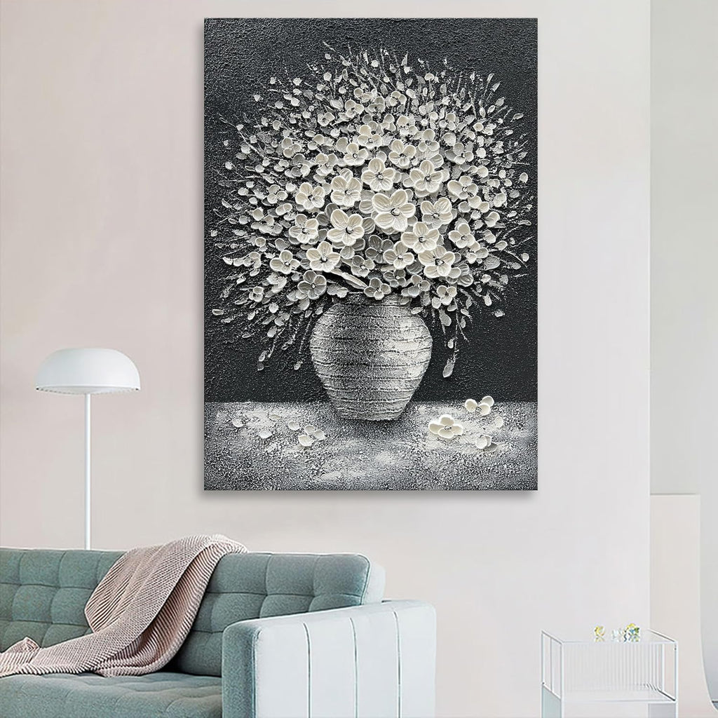 Epicler art Hand-painted abstract white flower art oil painting, 40x28 inch canvas wall art painting office home wall decorative art