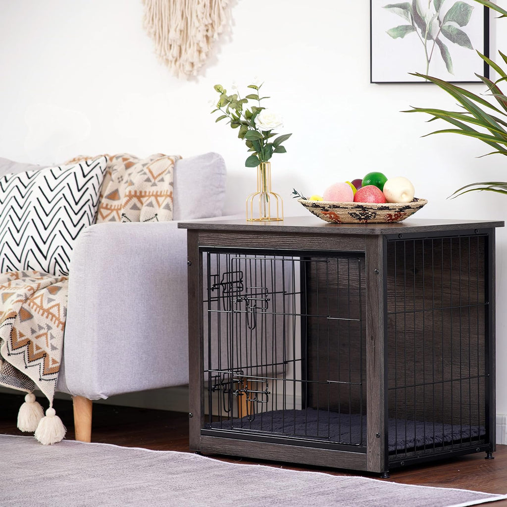 DWANTON Dog Crate Furniture with Cushion, Wooden Kennel Table with Double Doors, Indoor Dog House, Small/Medium/Large/Extra Large Size, 27.2" L, Dark Gray