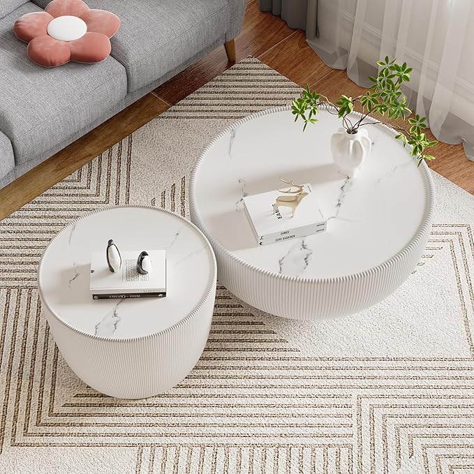 White Round Coffee Table with Sintered Stone Tabletop, 19.69 Drum Coffee Table with Fluted PU Leather Covered and Metal Base, Circle Cocktail Tea Table for Living Room