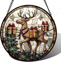 Stained Glass Window Hanging, Christmas Tree Elk Sun Catchers Colorful Glass Panel Retro Suncatcher Decor for Birthday for Women, Men, Wife, Aunt, and Mom 15x15 in