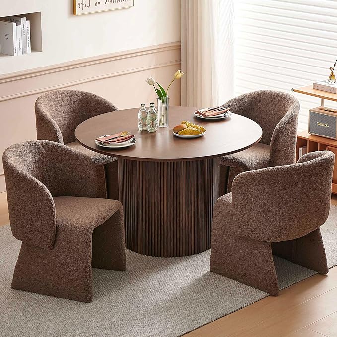 Upholstered Dining Chair Brown Set of 4, Stylish Accent Barrel Side Chairs, Cozy Single Sofa Chair, Teddy Velvet Comfortable Armchair for Bedroom, Reading, Waiting Room, Kitchen and Dining