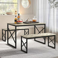 VECELO Kitchen Dining Table Benches Set for 4, 43.3" Wooden Dinette with 2 Benches, Heavy-Duty Dining Room Table for Small Space, Breakfast Nook, Grey