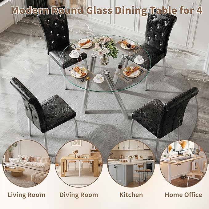35" Round Dining Table for 4, Modern Round Glass Dining Table with Metal Legs, Round Kitchen Table for Dining Room Home Office Small Spaces
