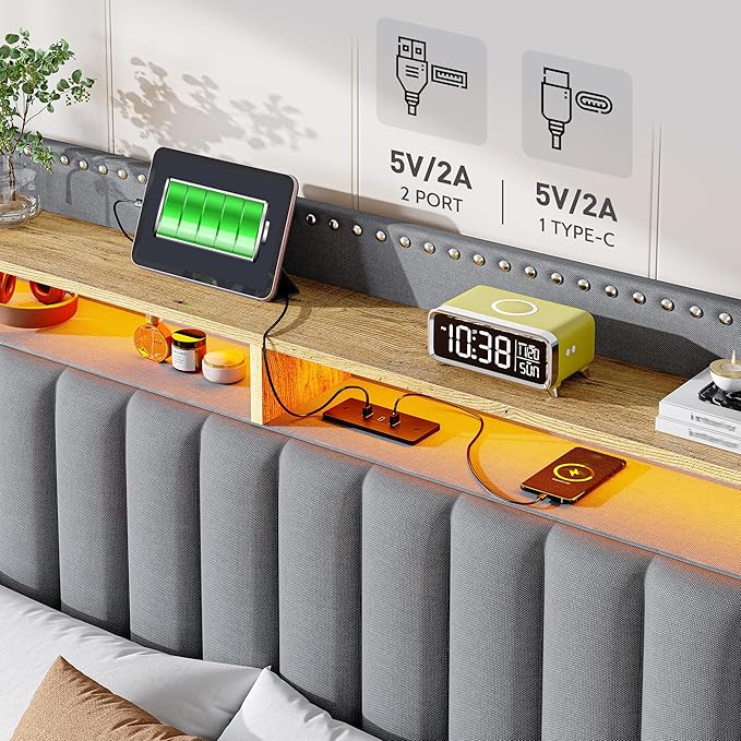 EnHomee Twin Size Bed Frame with One Large Storage Headboard & Charging Station, LED Platform Bed Frame with Storage Drawer, Sturdy Wooden Slats Support, Noise-Free, No Box Spring Needed, Grey