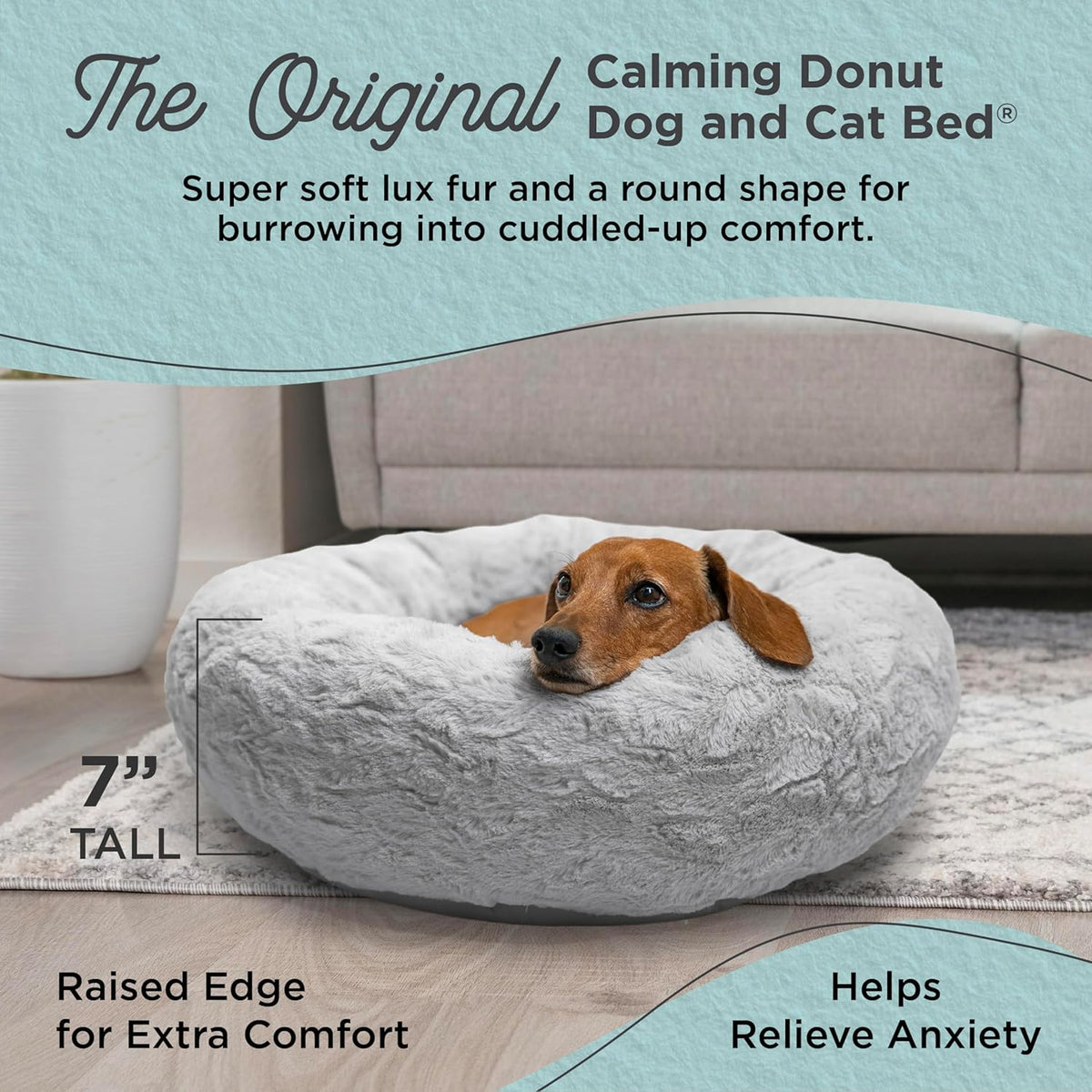 Best Friends by Sheri Original Calming Donut Dog and Cat Bed, Lux Faux Fur, Gray, (23in x 23in) - Anxiety Relief for Pets Up to 25 lbs