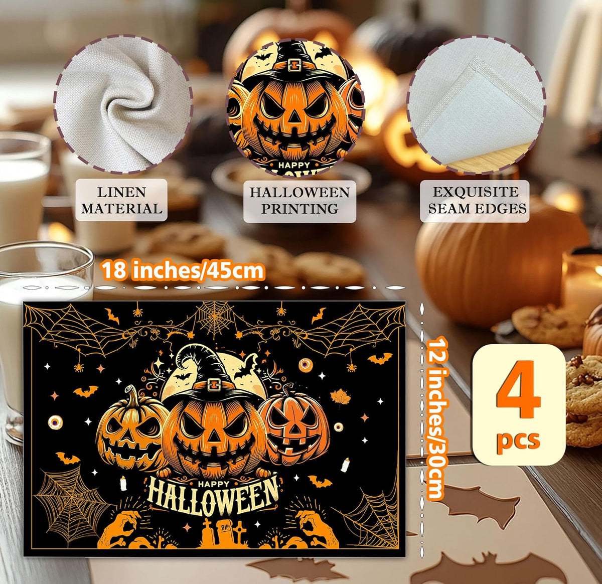 Halloween Spooky Placemats Set of 4, 12x18 Inch Pumpkin Bat Table Mats, Washable Heat Resistant Place Mats for Kitchen Dining Table, Halloween Themed Decoration for Home-B05
