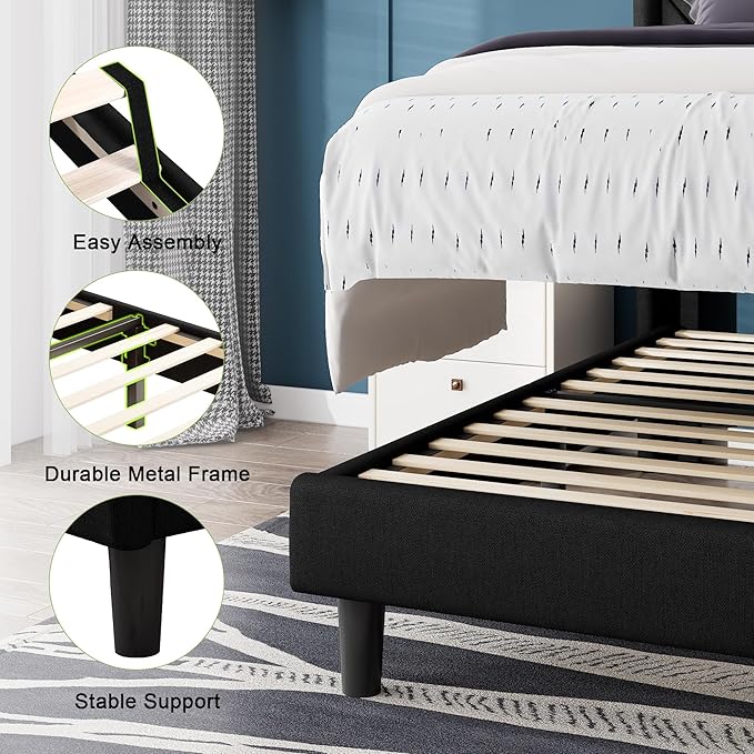 Feonase Twin Size Bed Frame with Charging Station, Upholstered Linen Bedframe with Wingback Headboard, Solid Wood Slats Support, No Box Spring Needed, Noise Free, Black
