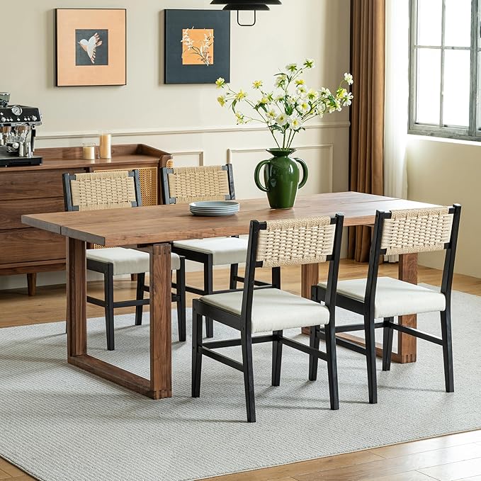 Chogori Wooden Dining Chairs, Modern Farmhouse Kitchen & Dining Room Accent Side Chairs with Woven Rope Back and Fabric Upholstered for Home, Living Room (Black, Set of 4)