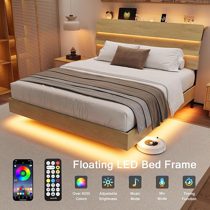 Floating Bed Frame Full Size with Charging Station & Led, Metal Platform Bed Base with Storage Headboard, Heavy Slats Support, No Box Spring Needed, Noise Free, Remote Control, Oak
