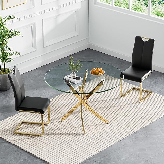 Goujxcy 3 Pieces Round Dining Table Set for 2, Modern Gold Glass Kitchen Table and Chairs for 2 with Upholstered Chairs, Circle Coffee Dining Table Set for Small Space,Apartment,Office