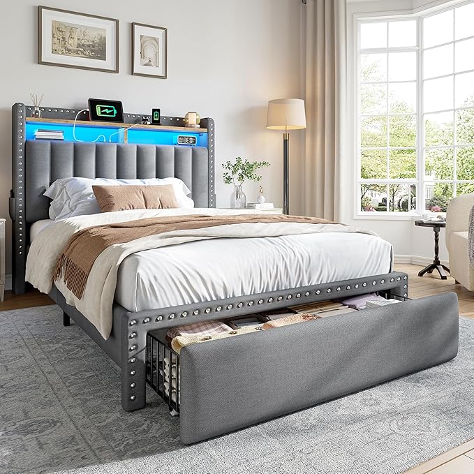 EnHomee Twin Size Bed Frame with One Large Storage Headboard & Charging Station, LED Platform Bed Frame with Storage Drawer, Sturdy Wooden Slats Support, Noise-Free, No Box Spring Needed, Grey
