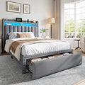EnHomee Twin Size Bed Frame with One Large Storage Headboard & Charging Station, LED Platform Bed Frame with Storage Drawer, Sturdy Wooden Slats Support, Noise-Free, No Box Spring Needed, Grey