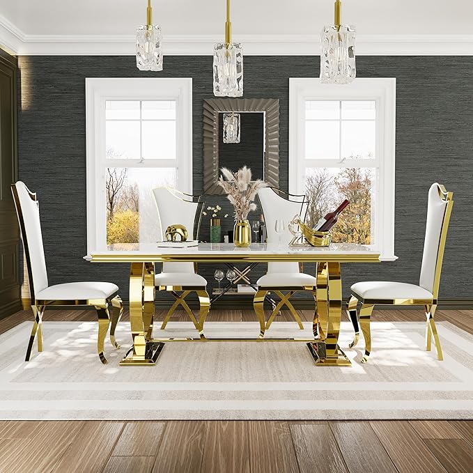 Asday White and Gold Dining Table, 72 inch Dining Room Table with Polished Stainless Steel U-Base for 4-8