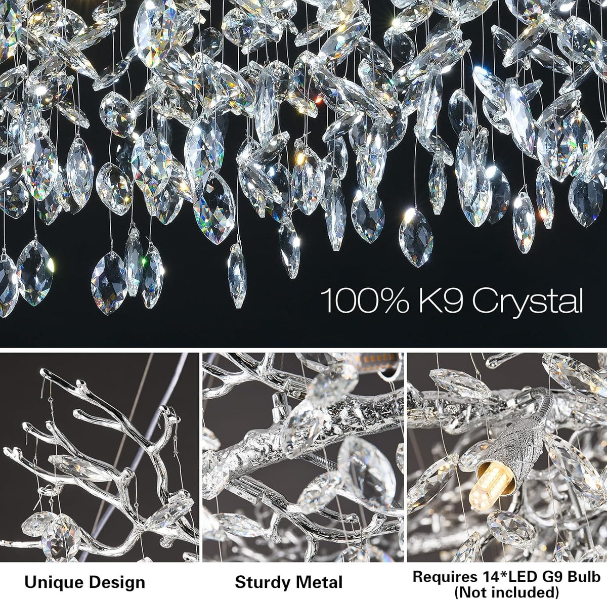 14-Light Modern Living Room Crystal Chandeliers,48" Round Silver Tree Branche Chandelier,Silver K9 Crystal Chandeliers for Dining Room,High Ceiling,Entryway、Foyer