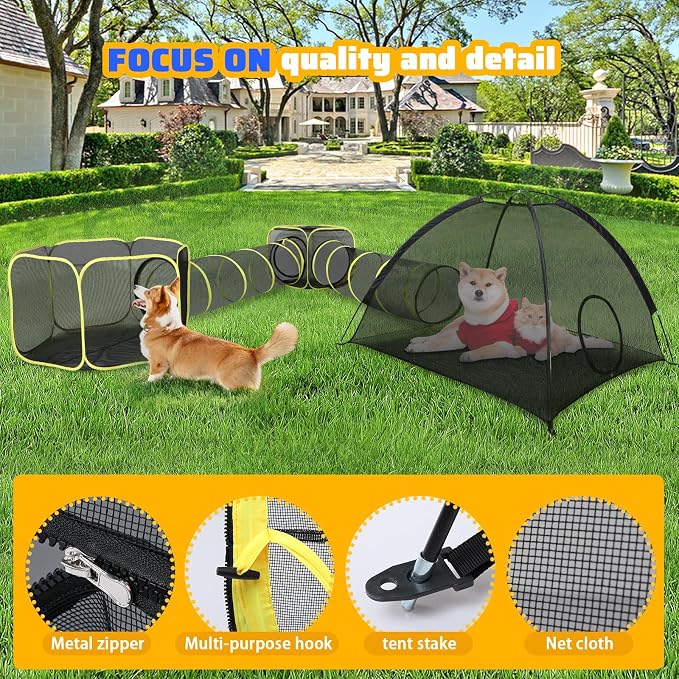 Wilwolfer 5 in 1 Cat Enclosure - Outdoor Cat Tent with Tunnel & House - Portable Pet Playpen for Cats, Puppies & Small Animals