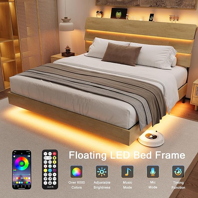 King Size Bed Frame with LED Headboard, Floating Bed Frame with Charging Station USB and V-Shaped Support, No Box Spring Needed, Noise Free, Easy Assembly, Oak
