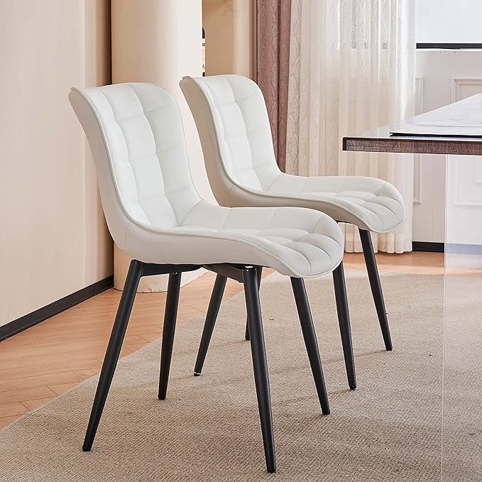YOUTASTE White Dining Chairs Set of 2, Faux Leather Upholstered Armless Chairs with Back and Black Metal Legs, Mid Century Modern Kitchen Chairs for Living Room, Vanity, or Guest Reception Room