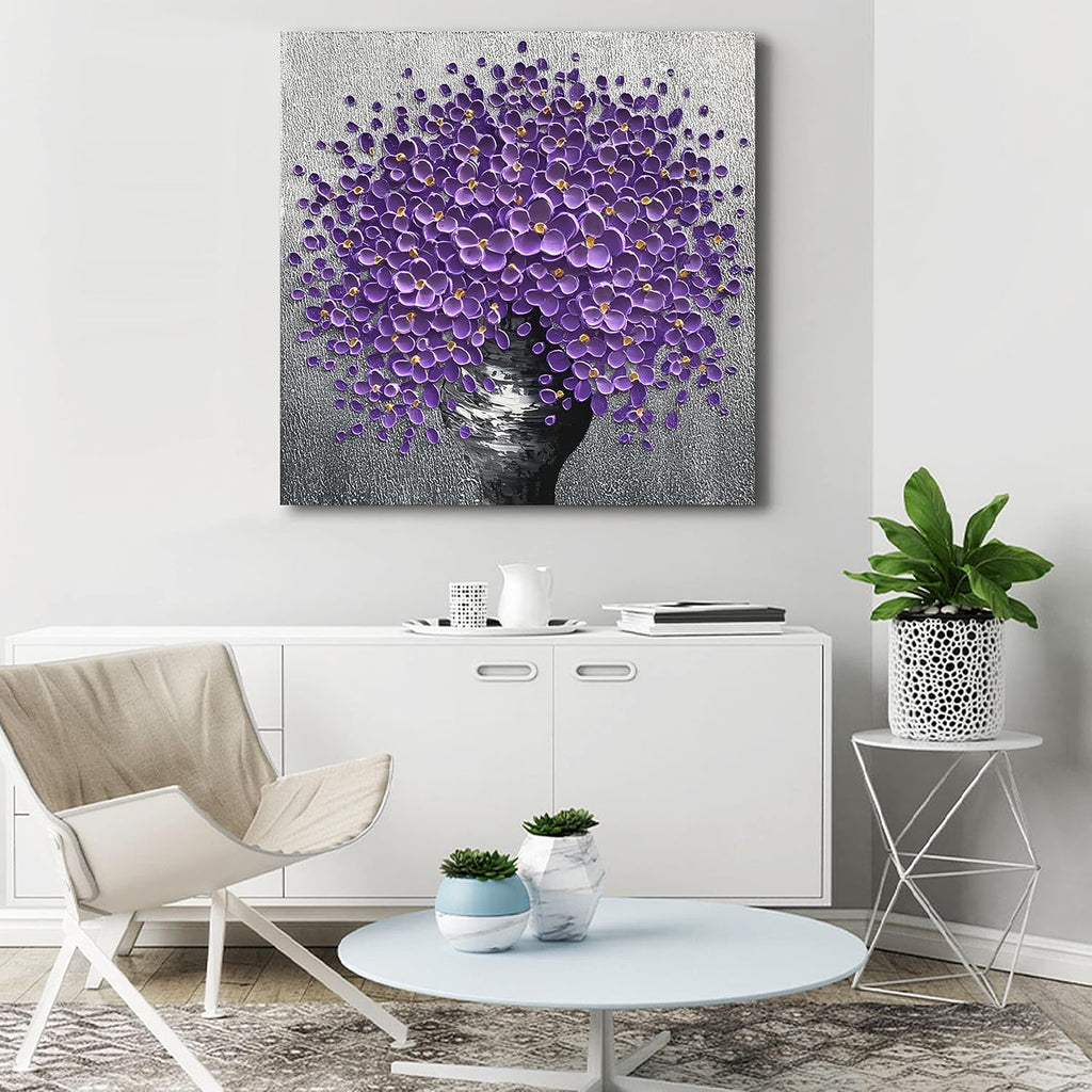 24x24 Hand-Painted Purple Flowers 3D Abstract Decorative Paintings, Wall Decorative Frame Wall Art, Modern Art Living Room Bedroom Office Hotel and Restaurant Wall Art