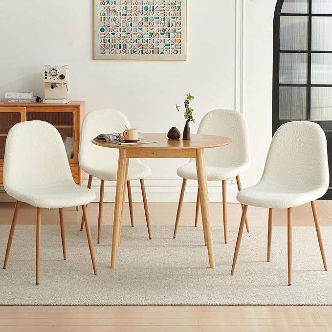 Howtek Mid-Century Modern Dining Chairs Set of 4, Plush White Teddy Fleece Upholstered Kitchen Side Chairs with Backrest & Metal Legs for Dining Room, Living Room, Apartment