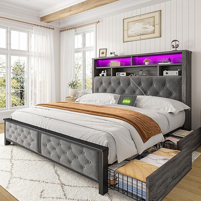 EnHomee Full Size Bed Frame with 4 Storage Drawers and Headboard Upholstered,Wooden Full Bed Frame with Charging Station and LED Light,NO Noise,No Box Spring Needed,Gray