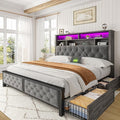 EnHomee Full Size Bed Frame with 4 Storage Drawers and Headboard Upholstered,Wooden Full Bed Frame with Charging Station and LED Light,NO Noise,No Box Spring Needed,Gray
