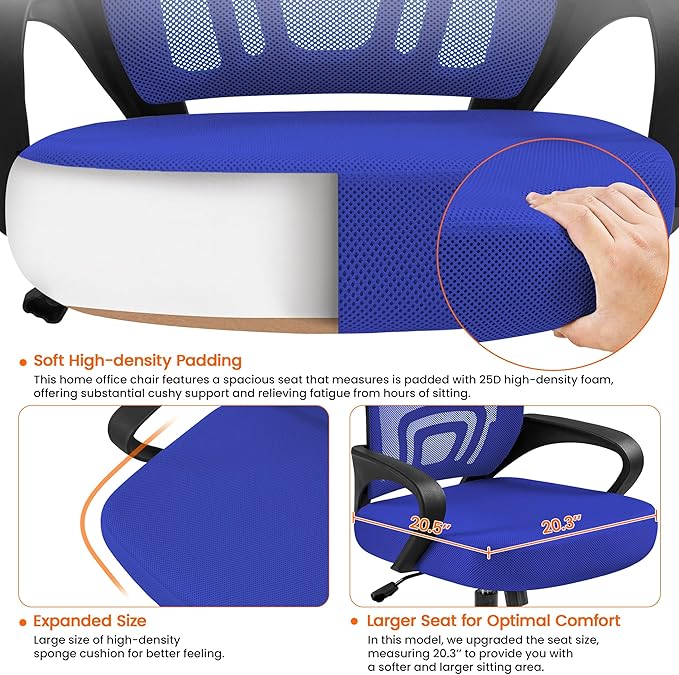 Yaheetech Mid-Back Mesh Office Chair Adjustable Ergonomic Computer Task Chair Swivel Rolling with Lumbar Support Armrest for Home Office Work Study, Blue
