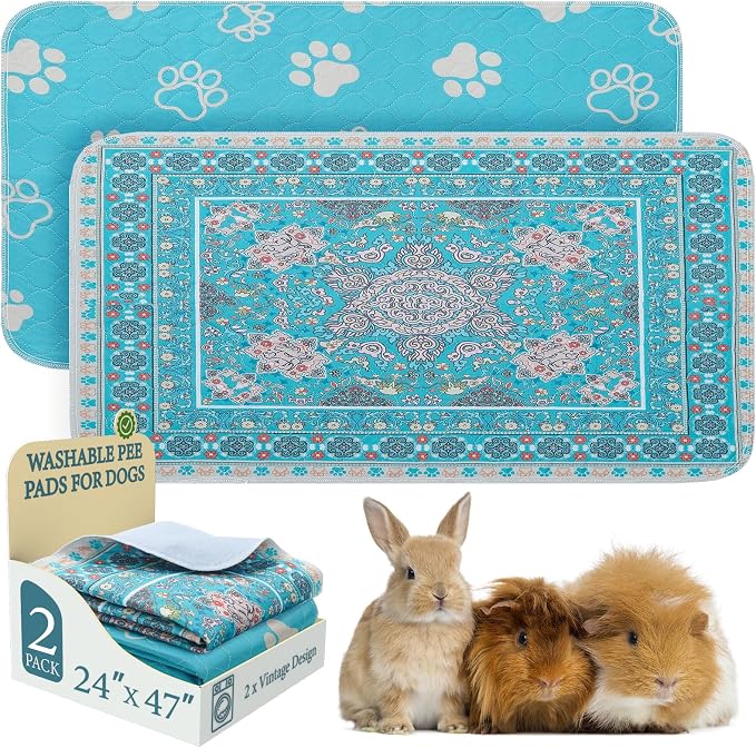 Homimp Guinea Pig Cage Liners, 2 Pack Washable Pee Pads for Dogs, Waterproof & Leakproof Puppy Pee Pads, Super Absorbent Reusable Bedding with Anti-Slip Backing for Rabbit,Bunny,Hamster, Blue, 24"x47"