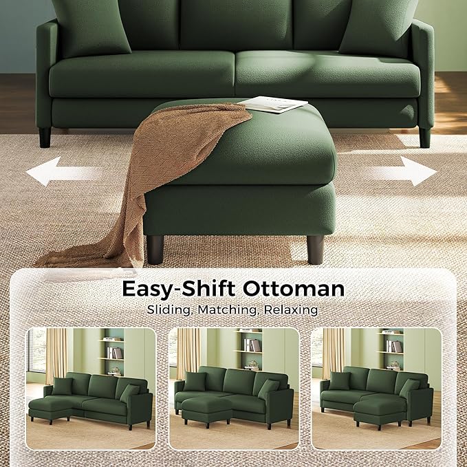 83" Couches for Living Room, Comfy Sofas for Living Room with Storage Ottoman, Teddy Sofa Couch, Tool-Free Loveseat Sofa, All-Wood Love Seat Couches, L Shaped Couch 2 Pillow Included, Green