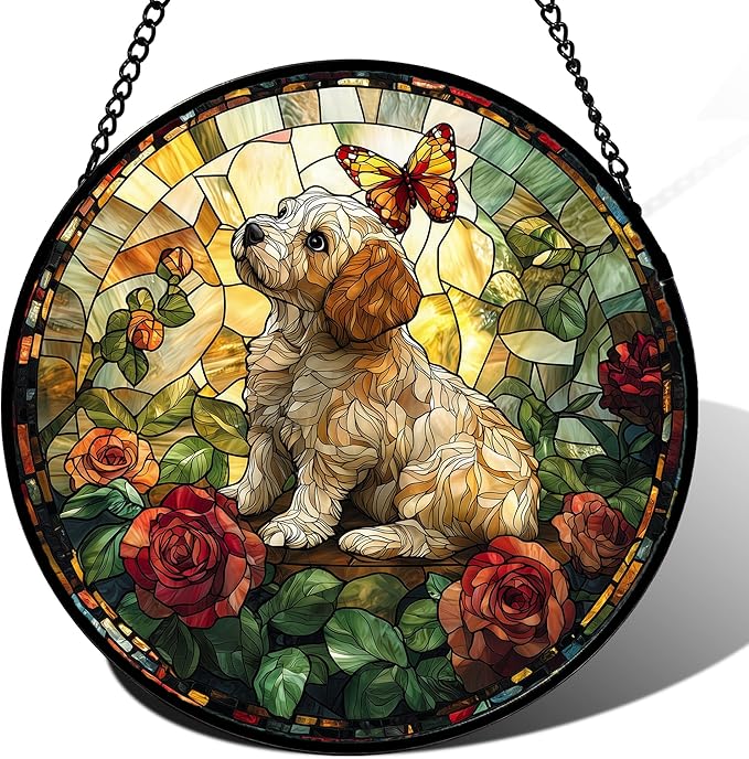 Stained Glass Window Hanging, Cute Dog and Flowers Suncatcher for Doors Home Butterfly Sun Catchers Decoration and Christmas, Mother's Day Birthday Gifts for Women, Men, and Mom 14.9x14.9 in
