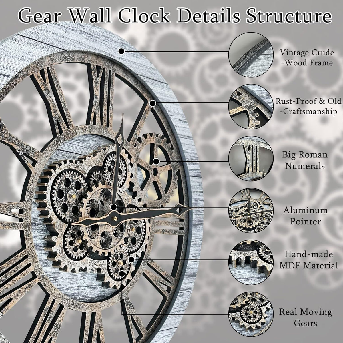 HOIBAI Wall Clock, Clocks for Living Room Decor 20 Inch Big Moving Gears Clock Farmhouse Vintage Rustic Wall Clock for Home Bedroom House Kitchen Wall Decor