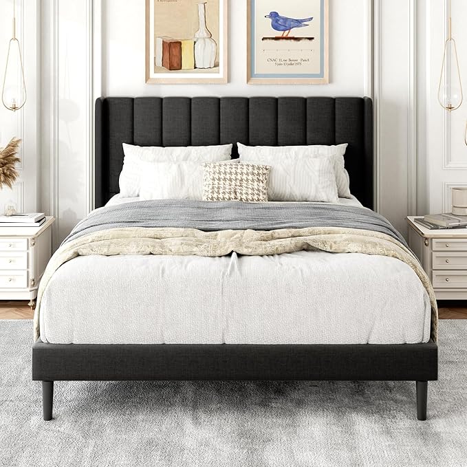 Full Size Bed Frame with Upholstered Wingback Headboard, Easy Assemnly Platform Bed, Wooden Slat Support No Box Spring Needed, Dark Gray